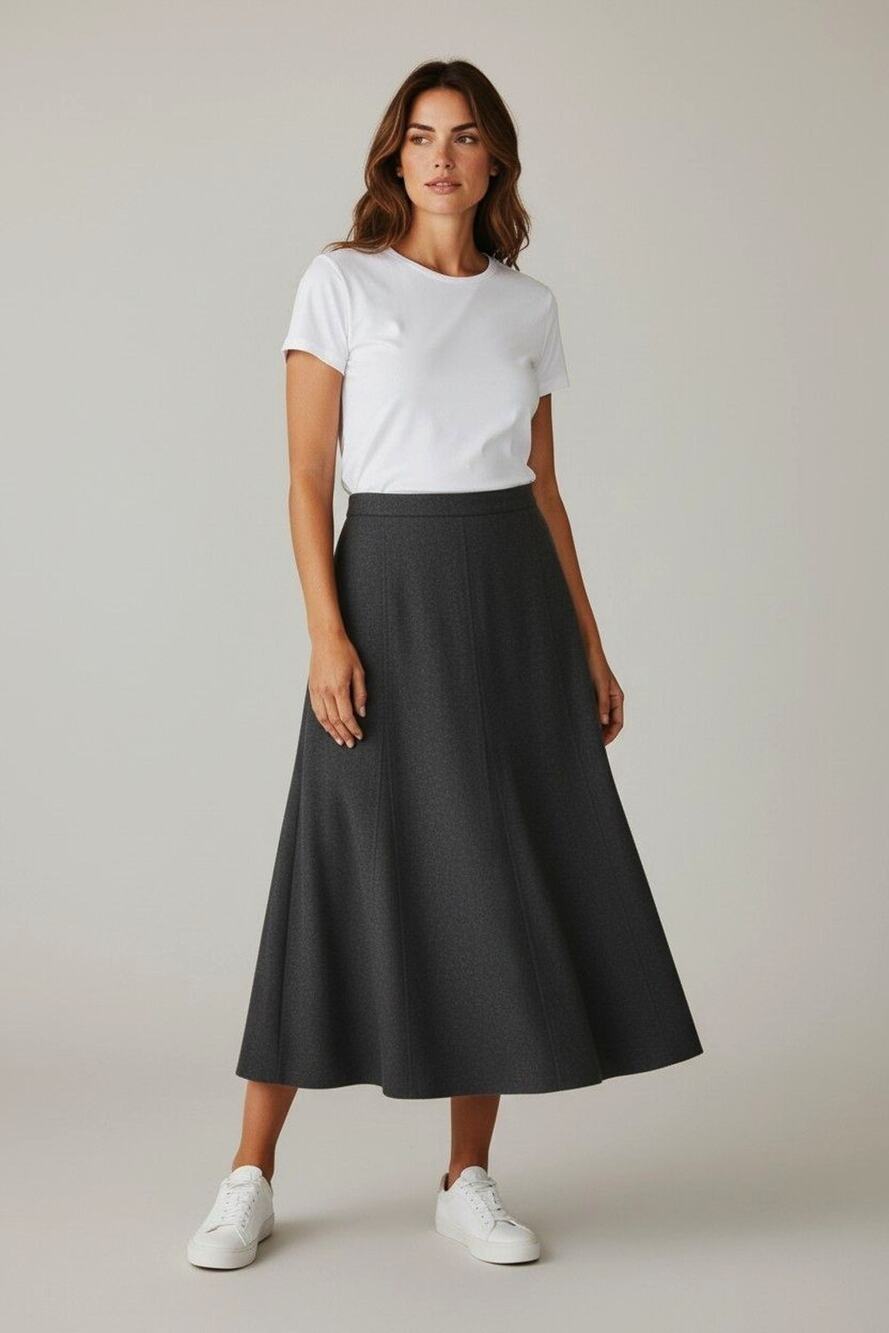 A6 Auth EILEEN FISHER Black Wool Knit A-Line Vertical Seam Panel Skirt Size L